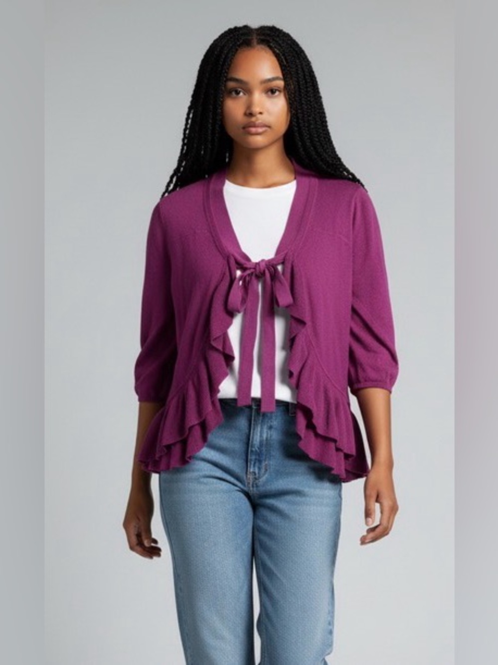 Anthropologie Guinevere Plum Ruffle Tie Front Cardigan Large